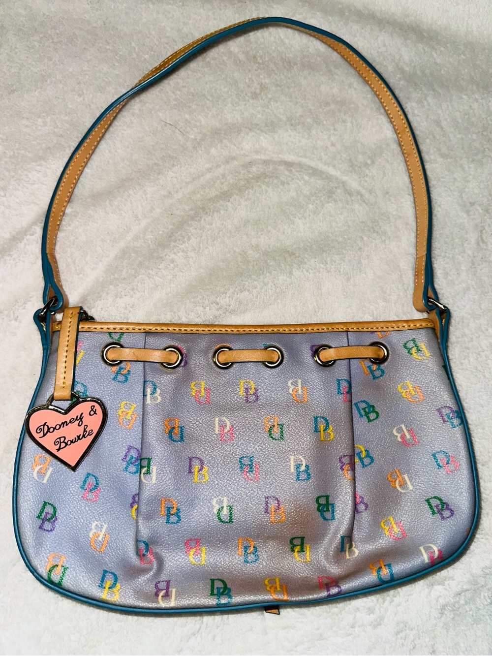 Vintage Dooney & Bourke Lavender Multicolor Logo Shoulder Bag with Tan Trim